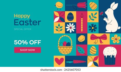 Geometric colorful holiday banner for Happy Easter. Trendy minimalistic illustration. Website decoration, graphic elements. Holiday covers, posters, greeting card. Cute flat vector illustrations