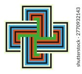 Geometric colorful interlocking cross vector. Modern graphic symbol represents global unity and complex structures for branding.