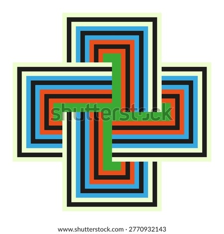 Geometric colorful interlocking cross vector. Modern graphic symbol represents global unity and complex structures for branding.