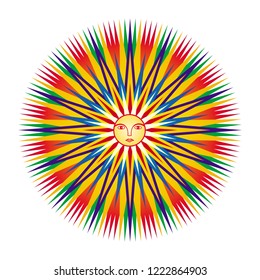 Geometric colorful mandala with the face of a man in the center. The spirit of the sun. Circular ornament. Vector picture.