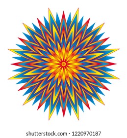 Geometric colorful mandala star. Circular ornament. Red, orange, blue colors. Vector picture.