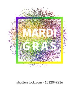 Geometric colorful Mardi Gras Carnival logo made of rhombuses, square, circle and bright particles on white background