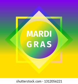 Geometric colorful Mardi Gras carnival logo made of  rhombus, square and circle on purple green yellow gradient background