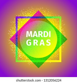 Geometric colorful Mardi Gras Carnival logo made of rhombuses, square, circle and bright particles on purple yellow gradient background