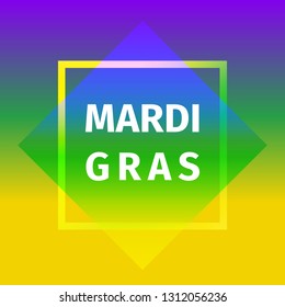 Geometric colorful Mardi Gras carnival logo made of  rhombus and square on purple green yellow gradient background