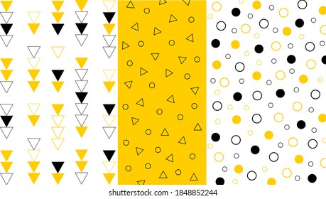 Geometric colorful memphis style vector set covers. Triangle and circle patterns of yellow, black and white color simple shapes, trendy minimalist vector web design background