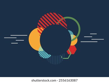 Geometric of a colorful modern circle with a line dot border on a dark blue background, copy space. For business, bochour, coverbook and card.