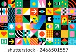 Geometric colorful mosaic seamless pattern illustration with creative abstract shapes. Modern bauhaus style background print. Trendy bright symbols and minimalist shape texture, geometry collage.