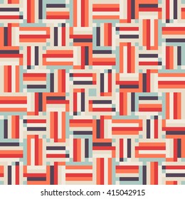 Geometric colorful op art pattern. Vector stripes in red color. Geometric background with squares, dots, pixels and stripes. Striped print for fall winter fashion. Textile design with geometric shapes