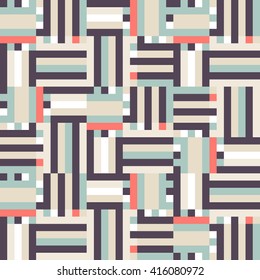 Geometric colorful op art pattern. Vector stripes in vintage colors. Geometric background with squares and stripes. Striped bold print for fall winter fashion. Textile design with geometric shapes