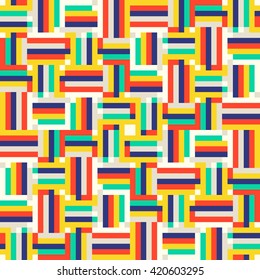 Geometric colorful op art pattern. Vector stripes in bright colors. Geometric background with squares and stripes. Striped bold print for fall winter fashion. Textile design with geometric shapes