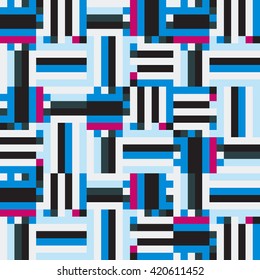Geometric colorful op art pattern. Vector stripes in blue pink colors. Geometric background with squares and stripes. Striped bold print for fall winter fashion. Textile design with geometric shapes