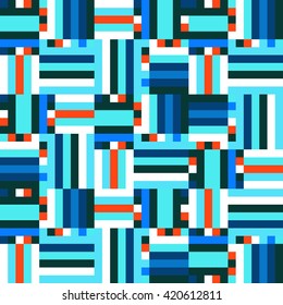 Geometric colorful op art pattern. Vector stripes in blue colors. Geometric background with squares, dots, pixels and stripes. Striped print for winter fashion. Textile design with geometric shapes