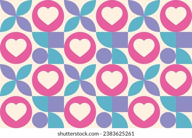 Geometric colorful pattern in modern style with hearts. Abstract shapes backgrounds.