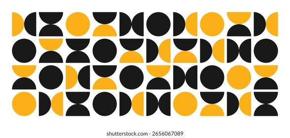 Geometrisches buntes Muster aus gelben und schwarzen Kreisen und Halbkreisen. Abstrakte Vektorgrafik Verschiedene Formen. Dekoratives Element für das Design. Vorlage, Banner, Poster, Hintergrund.