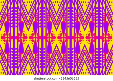 diseño de patrones geométrico colorido y sin costura para tela, fondo, ropa, ilustración vectorial, los patrones de tela son fucsia (rosa), amarillo, púrpura. estilo bordado
