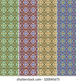Geometric colorful seamless pattern, different color samples. Swatches of seamless pattern included in the file. 