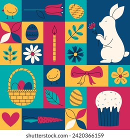 Geometric colorful seamless pattern for Happy Easter. Trendy minimalistic illustration. Collection of holiday icons. Website decoration, graphic elements. Holiday covers, posters, banners, greeting