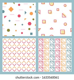 Geometric Colorful Seamless Pattern Set with Dynamic Line Figure. Various Triangle, Circle, Square, Rhombus and Polygon. Minimal Graphic Print for Cover. Backdrop Decoration Textile Template