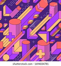 Geometric colorful seamless pattern. Vector background with simple shapes. Retro futuristic vibes. 80s-90s party poster, wrapping paper or fabric texture template. Modern isometric layout design.