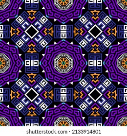 Geometric colorful seamless pattern. Vector ornamental tribal ethnic background. Repeat greek floral backdrop. Abstract modern ornament with greek key, meanders, geometric shapes, flowers, mandalas.