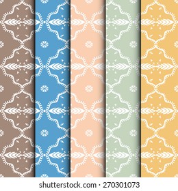 Geometric colorful seamless patterns set. Vector repeating texture, line art. Abstract background.