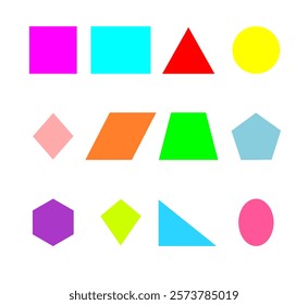 Geometric colorful shape with name. basic shapes set isolated on white background. Vector illustration for math lesson.