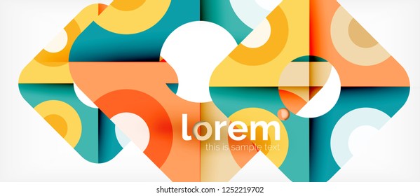Geometrische, bunte Formen bilden abstrakten Hintergrund. Minimales dynamisches Design. Trendy abstrakte Layout-Vorlage für Geschäfts- oder Technologiepräsentation oder Web-Broschüre Titelbild, Bildschirmhintergrund. Vektorgrafik