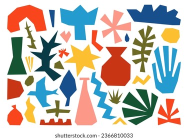 Geometric colorful shapes of natural elements. Isolated trendy collage style abstract forms. Cloud, vase, arc, drop, flower, leaf, bird, star. Botanical minimalistic simple silhoettes