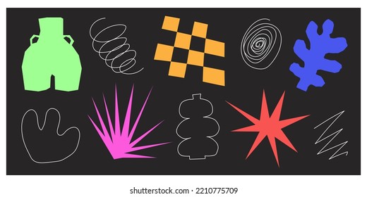 Geometric colorful shapes, objects and doodles. Abstract trendy contemporary art. Hand drawn modern Vector illustration. Poster, logo, print template