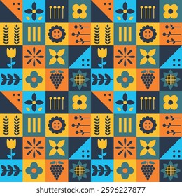 Geometric Colorful Square Pattern. Seamless Abstract Print with Simple Elements. Mosaic. Trendy Flat Style Background. Sample can be used for Packaging, Cover, Wrapping, Cards. Vector Illustration