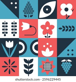 Geometric Colorful Square Pattern. Seamless Abstract Print with Simple Elements. Mosaic. Trendy Flat Style Background. Sample can be used for Packaging, Cover, Wrapping, Cards. Vector Illustration