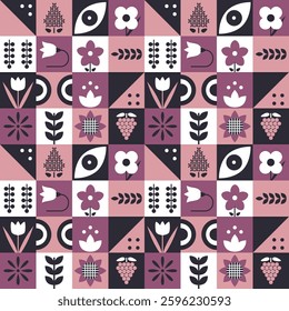 Geometric Colorful Square Pattern. Seamless Abstract Print with Simple Elements. Mosaic. Trendy Flat Style Background. Sample can be used for Packaging, Cover, Wrapping, Cards. Vector Illustration