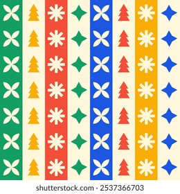 Geometric colorful striped seamless pattern. Trendy abstract vertical swiss background. Red, green, blue, yellow and beige colors. Vector illustration