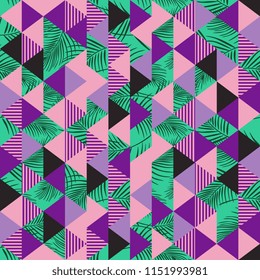Geometric colorful triangle pattern with palm leaves