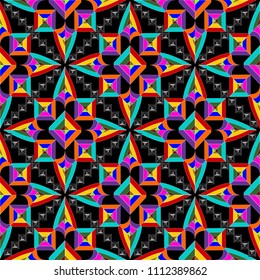Geometric colorful vector seamless pattern. Bright abstract geometry background. Geometrical shapes, figures, stars, rhombus, frames, flowers. Decorative design. For fabric, textile, wrapping.