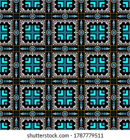 Geometric colorful vector seamless pattern. Ethnic ornamental abstract background. Tribal repeat decorative backdrop. Plaid style ornament. Abstract shapes, squares, zig zag lines, dots, triangles.