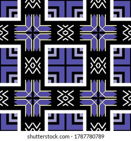Geometric colorful vector seamless pattern. Ethnic ornamental abstract background. Tribal repeat decorative backdrop. Plaid style ornament in violet colors, Abstract shapes, squares, zig zag lines.