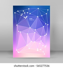 Geometric colors gradient background of bright perspective with lighting glowing triangle 3d effect crystal lattice lines and point circle. Graphic template. Vector EPS 10 business brochure A4 format