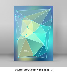 Geometric colors gradient background of bright perspective with lighting glowing triangle 3d effect crystal lattice lines and point circle. Graphic template. Vector EPS 10 business brochure A4 format