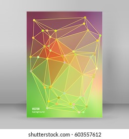 Geometric colors gradient background of bright perspective with lighting glowing triangle 3d effect crystal lattice lines & point circle. Graphic template. Vector EPS 10 business brochure A4 format