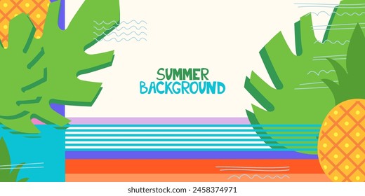 Fondo colorido geométrico del verano, cartel, Anuncio. Piña, Hojas. Diseño de promoción de concepto de diversión de verano