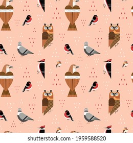 Geometric common birds seamless pattern. Popular birdies with owl, eagle, robin, bullfinch, woodpecker and city dove. Stylized geometric birds on repeating background for prints, textiles and fabric.