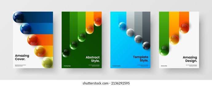 Geometric company cover A4 design vector concept collection. Modern 3D balls handbill layout set.