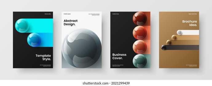 Geometric company identity A4 design vector layout bundle. Premium realistic spheres corporate brochure illustration collection.