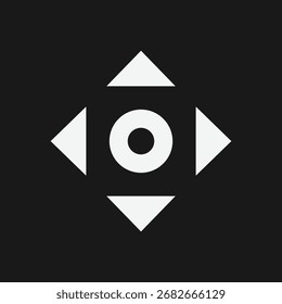 Icono geométrico de la brújula con el círculo central y los triángulos externos en fondo negro, símbolo direccional minimalista para la navegación de la interfaz de usuario, el Diseño gráfico y los Elementos de interfaz Abstractas
