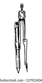 Geometric compass with pencil doodle. Sketch of tool architect instrument. Hand drawn vector illustration. Outline clipart isolated on white background.