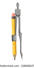 Geometric compass with pencil doodle. Vector illustration of tool architect instrument. Cartoon style clipart isolated on white background.