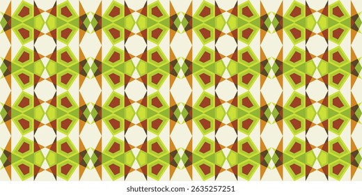 Complexo geométrico rítmico padrão sem emenda. Fundo colorido complicado. Ornamento de azulejos em mosaico. Formas poligonais de cores castanhas verdes. Design clássico de patchwork