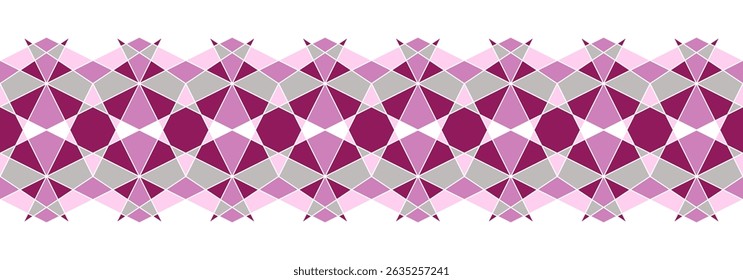 Geometric complex seamless border in shades of pink. Complicated colorful background. Mosaic ornament of polygonal shapes. Diamond grid square tile. Classic stainless glass design